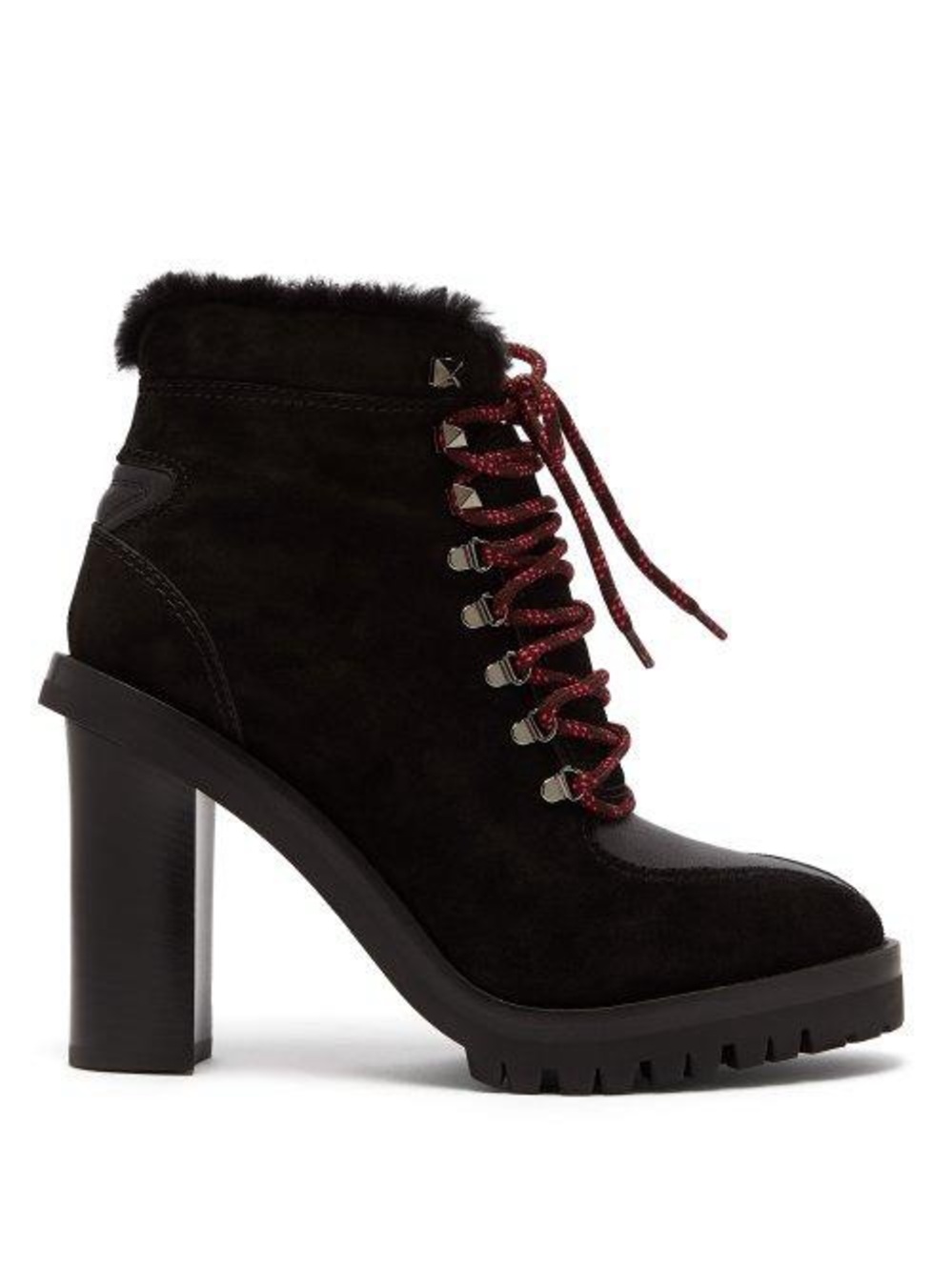 Valentino Garavani Black Suede Lug-Heel Ankle Boots with Burgundy Laces